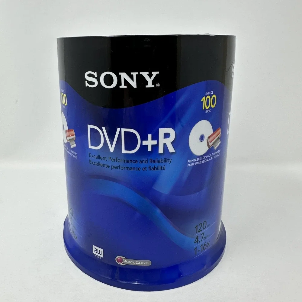 Sony DVD+R 100 Pack 4.7GB 120min‎ 16x Printable for Inkjet Printers AccuCORE New